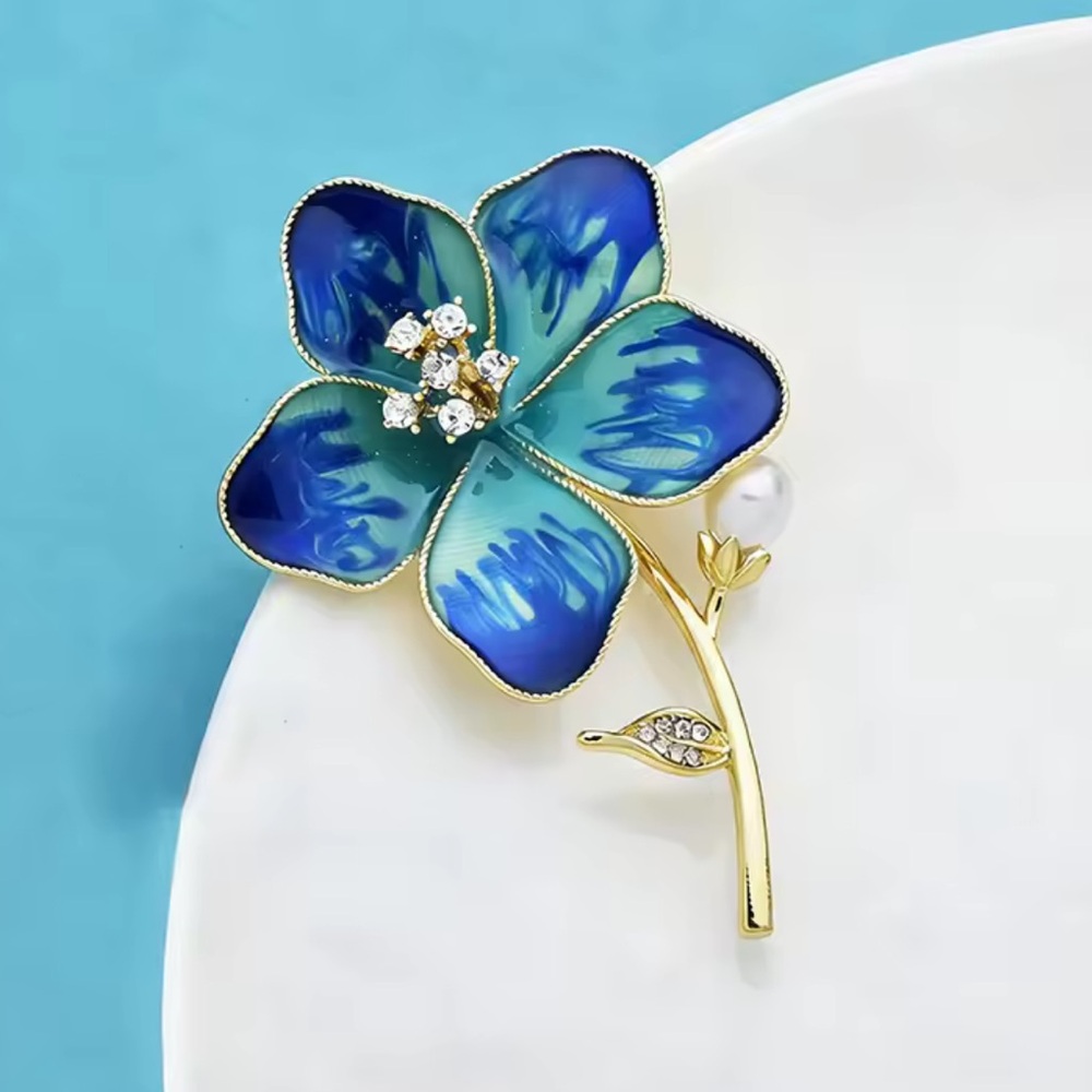 Blue Floral Gold Brooch